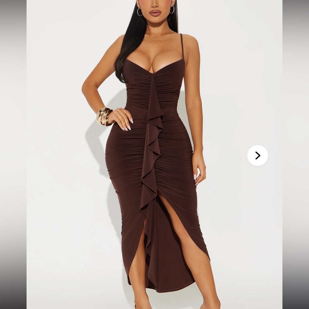 Fashion Nova Chocolate Brown Ruched Midi Dress